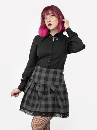 Grey Plaid Pleated Skirt With Lace