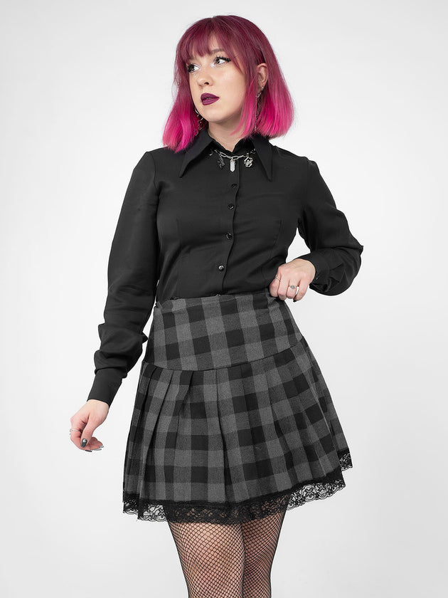Grey Plaid Pleated Skirt With Lace