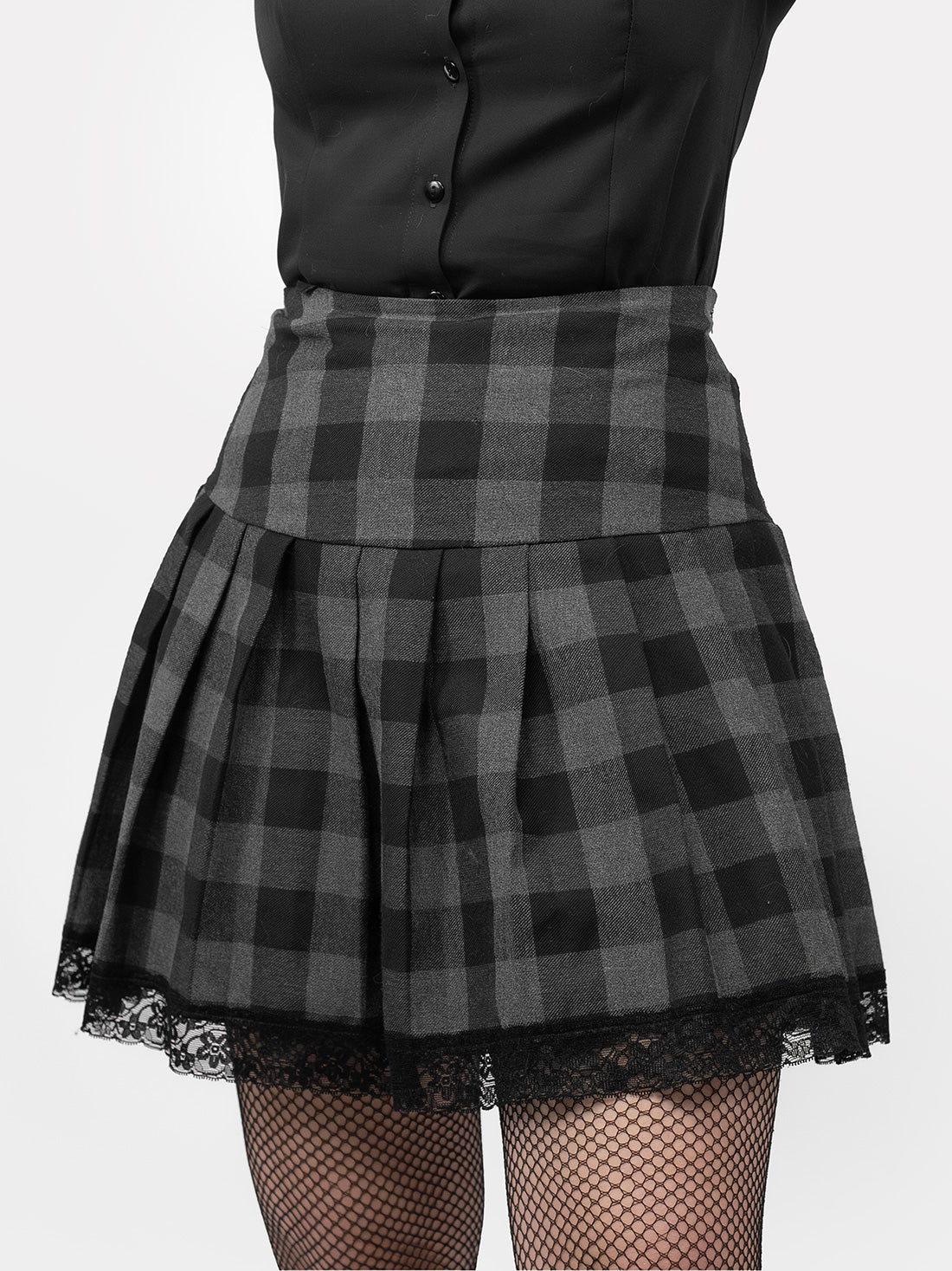Grey Plaid Pleated Skirt With Lace