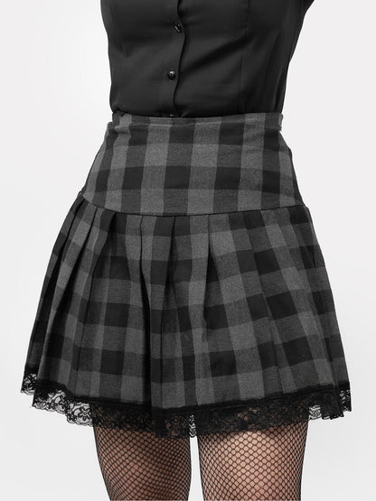 Grey Plaid Pleated Skirt With Lace