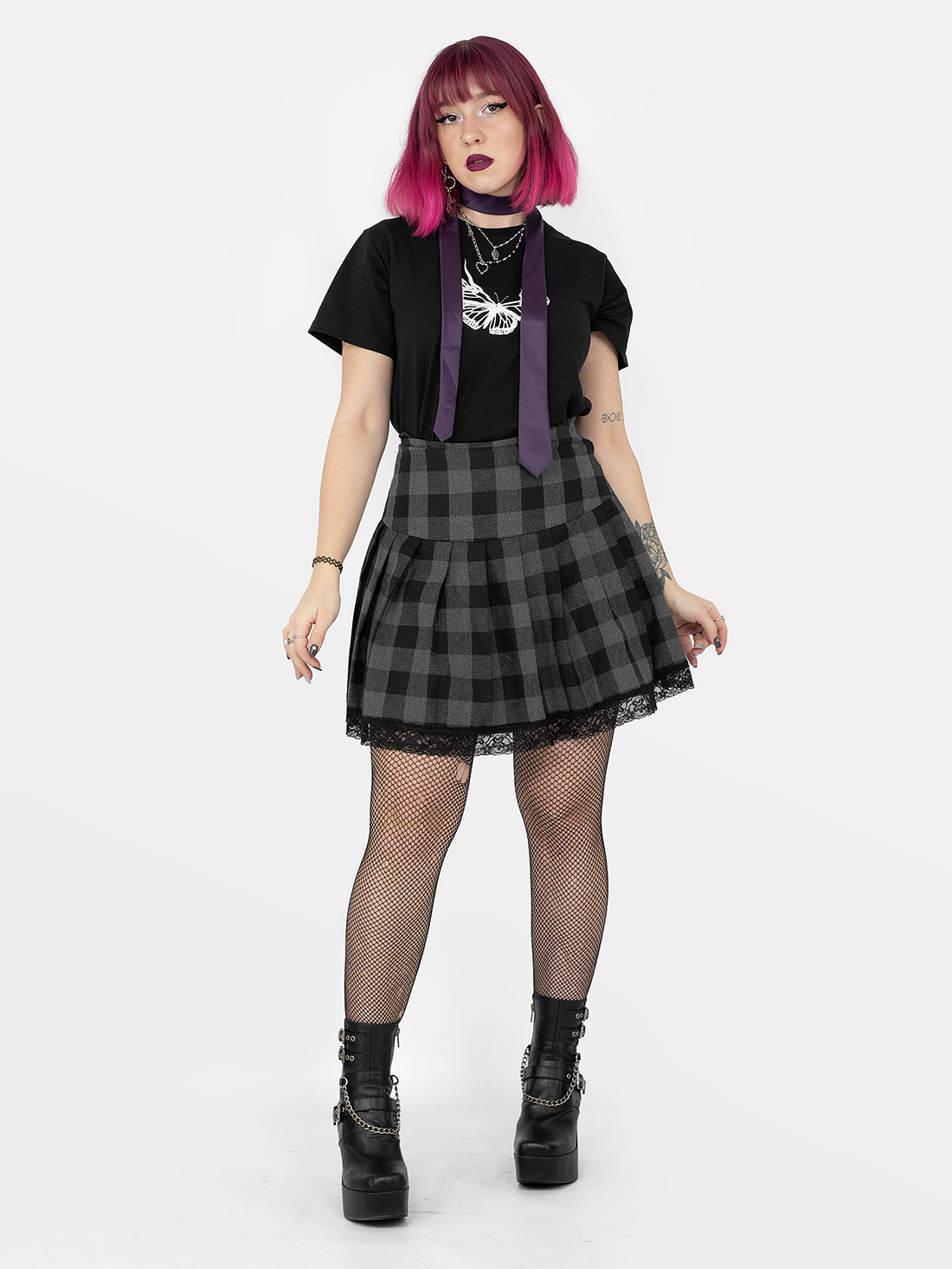 Grey Plaid Pleated Skirt With Lace