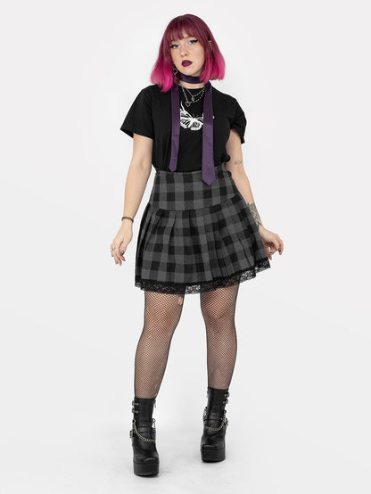 Grey Plaid Pleated Skirt With Lace