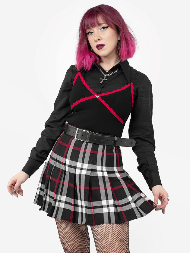 Red-Black Plaid Tennis Belt Skirt