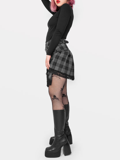 Grey Plaid Pleated Skirt With Lace