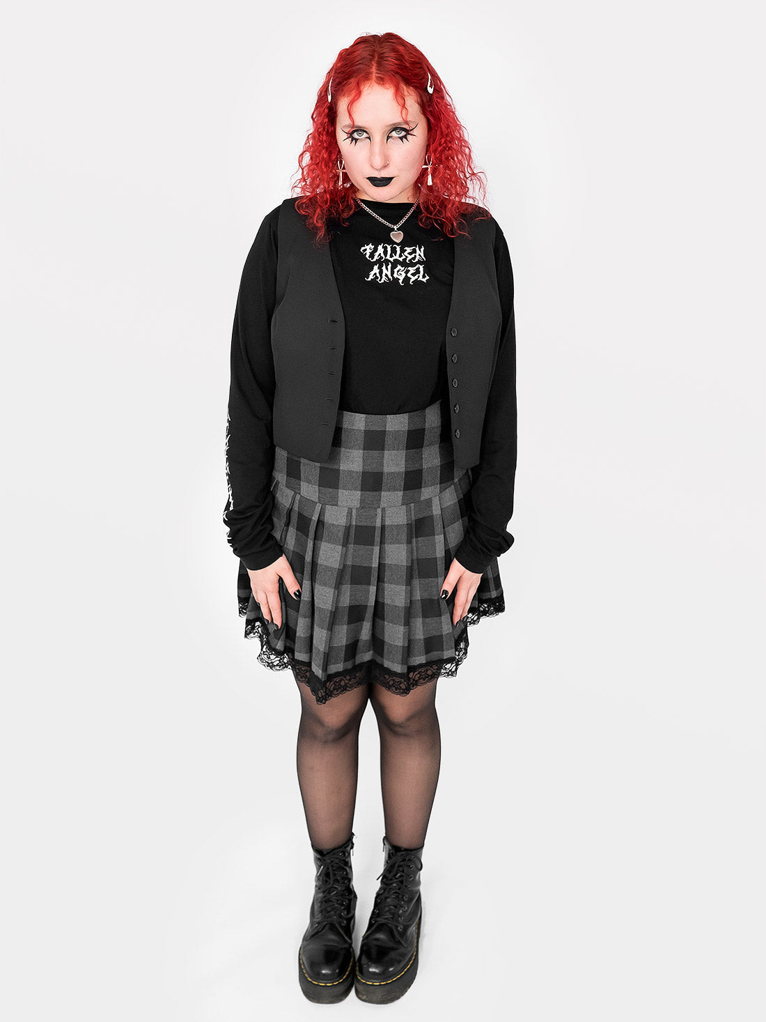 Grey Plaid Pleated Skirt With Lace