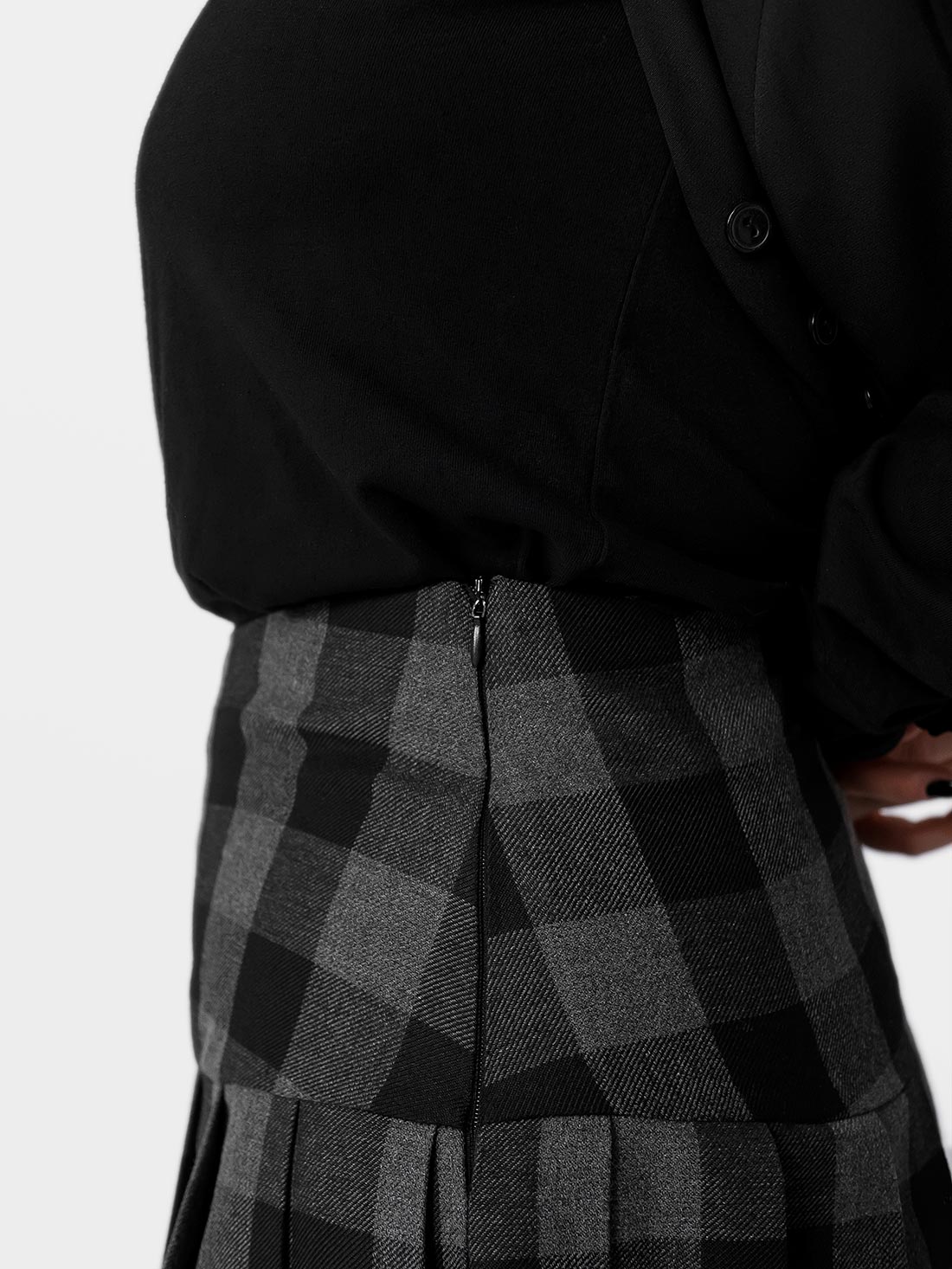 Grey Plaid Pleated Skirt With Lace