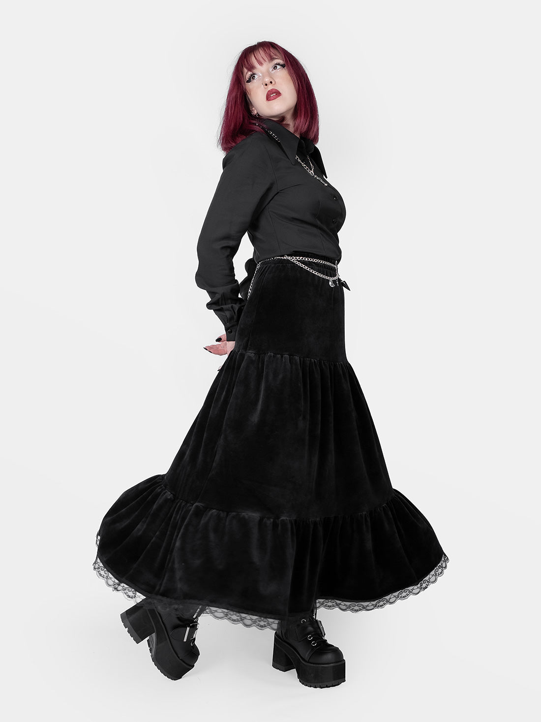 Oblivion Ruffled Maxi Velvet Skirt