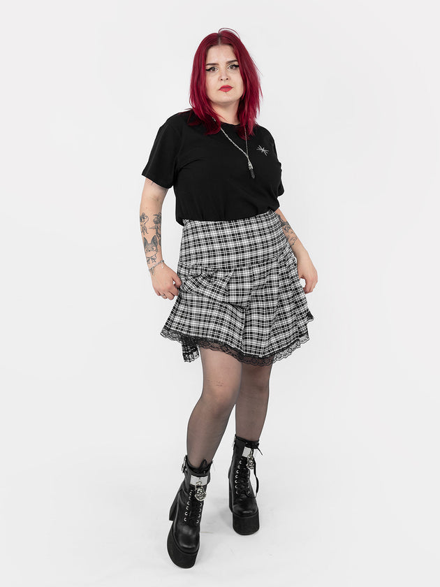 Black and White Plaid Pleated Skirt With Lace