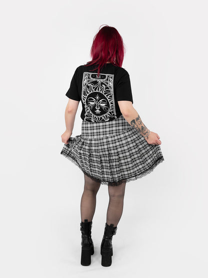 Black and White Plaid Pleated Skirt With Lace