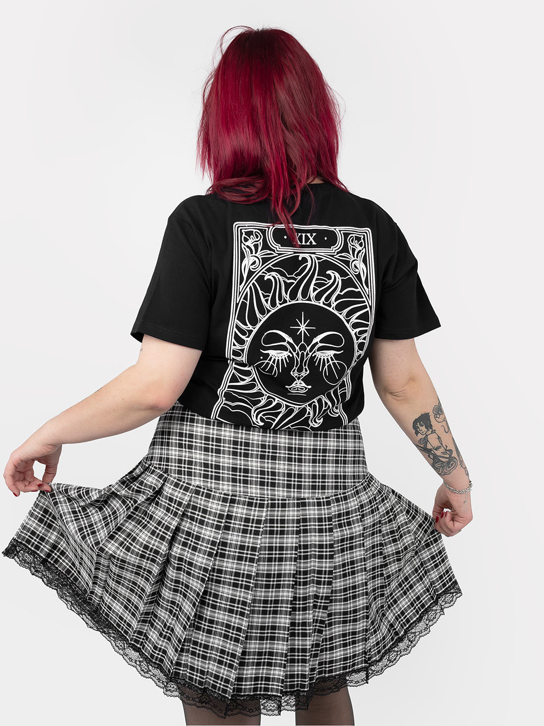 Black and White Plaid Pleated Skirt With Lace
