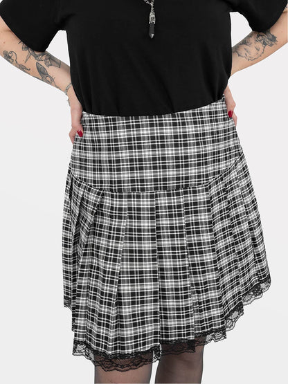 Black and White Plaid Pleated Skirt With Lace