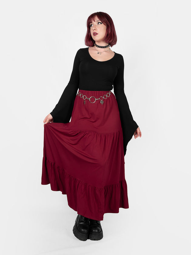 Oblivion Burgundy Ruffled Midaxi Skirt