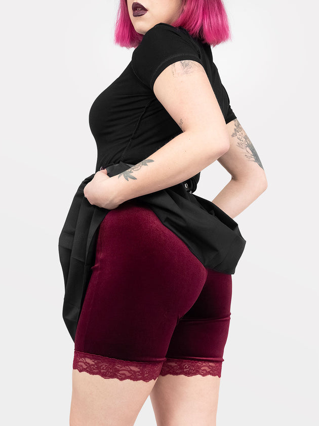 Surreal Burgundy Velvet Shorts with Lace